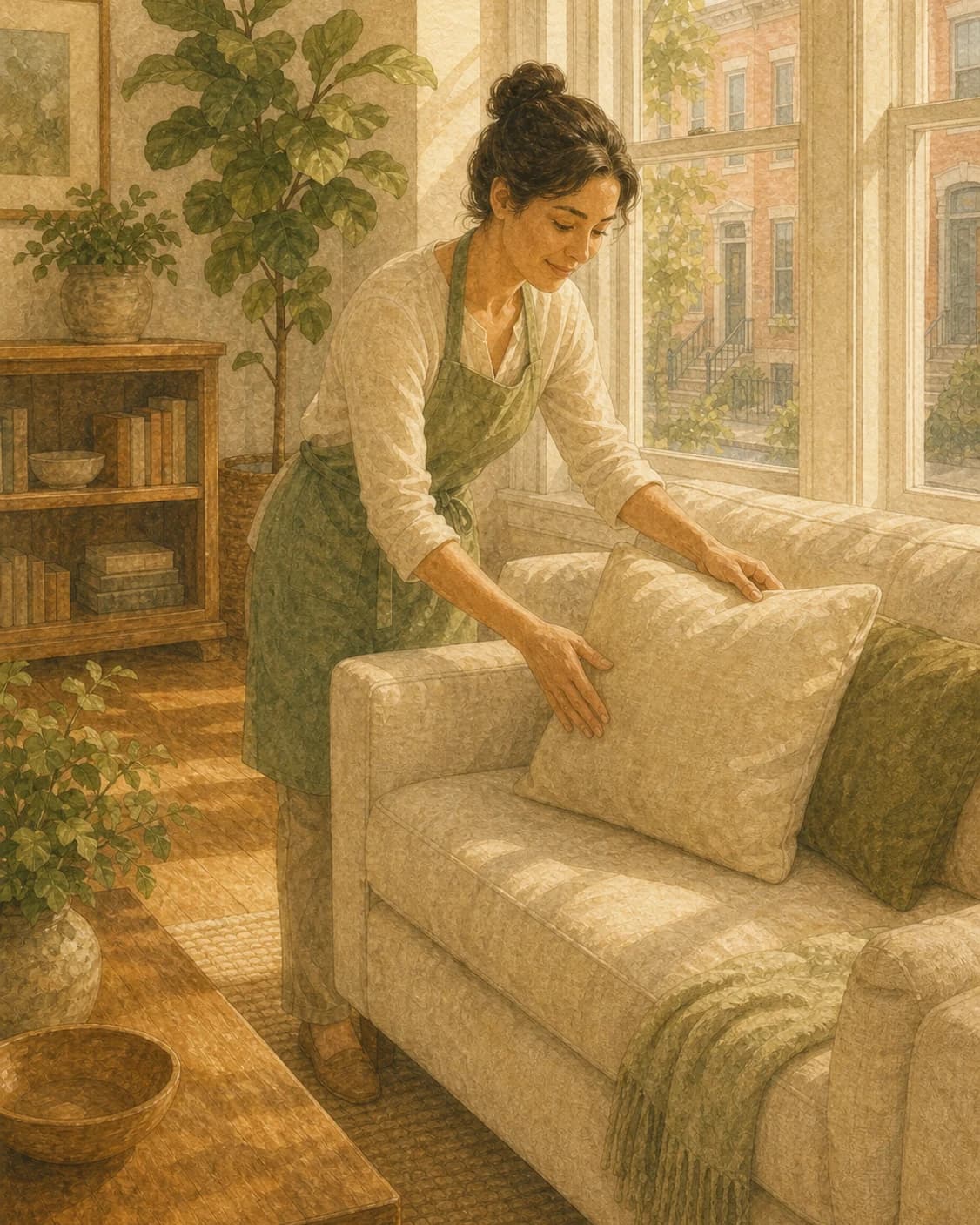Painted illustration of a Hometress cleaner resetting a sunlit living room — plumping a cushion beside tall rowhome windows