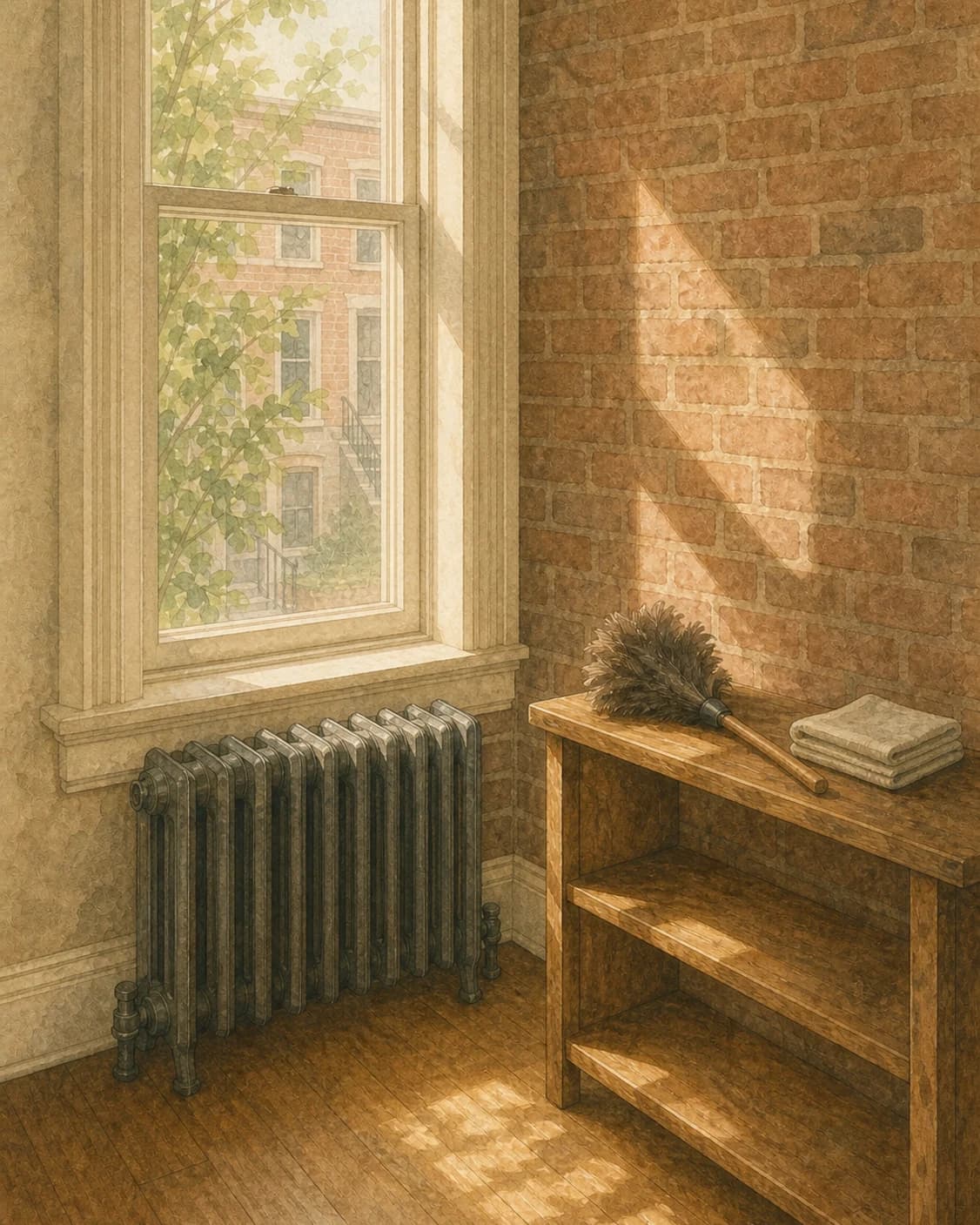 Sunlight on a brick wall beside a rowhome window, a radiator below and a feather duster resting on a wooden shelf