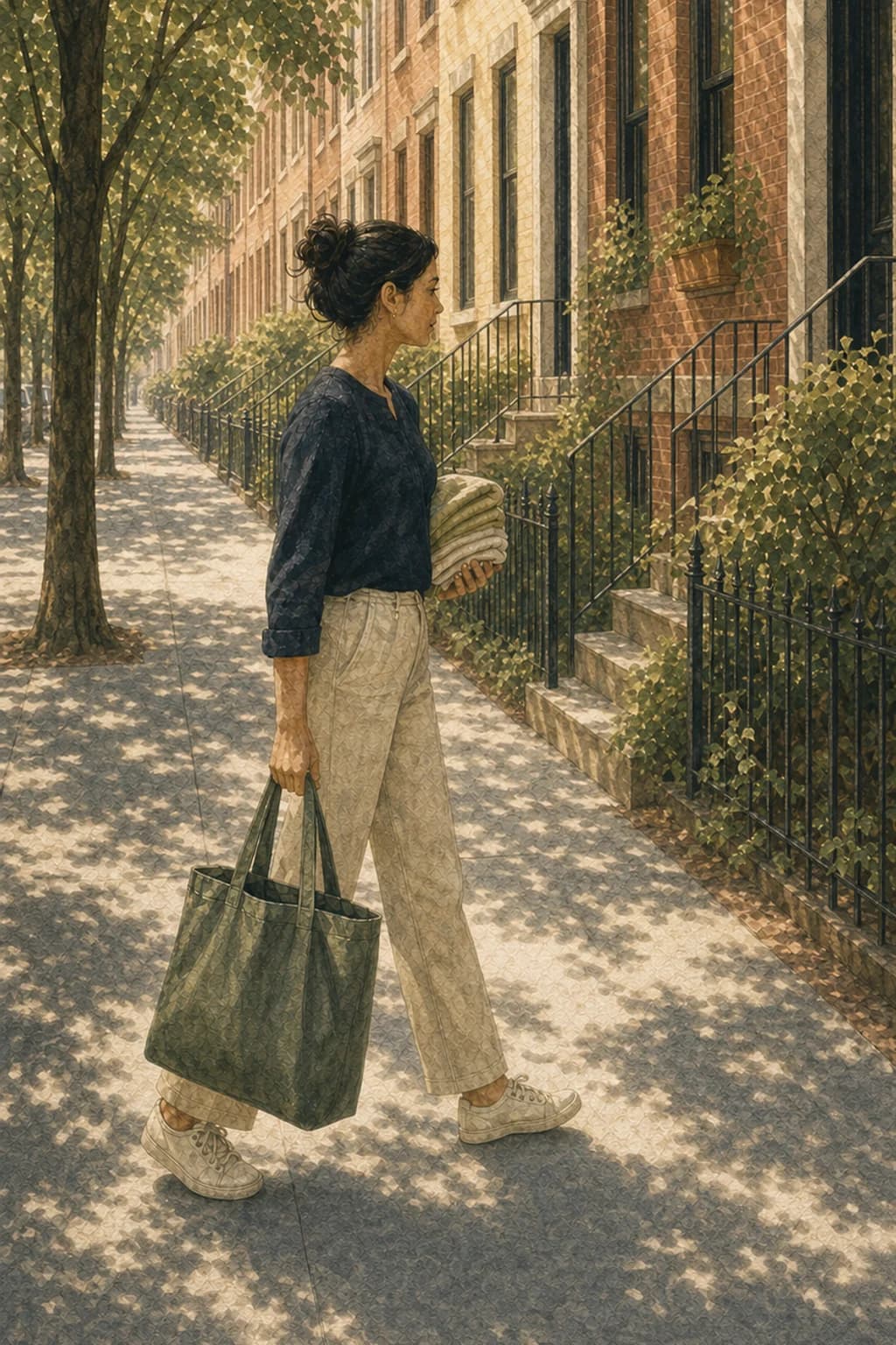 A painted cleaner arriving promptly on a sunny rowhome block