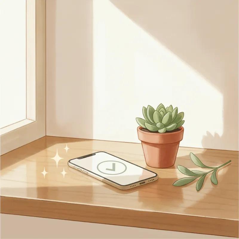 A painted phone on a windowsill showing a check mark, beside a small succulent.