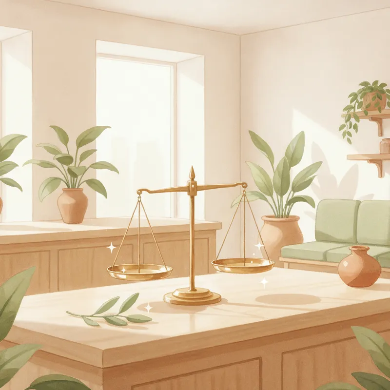 A painted brass balance scale rests level on a pale wooden counter in a sunny room.