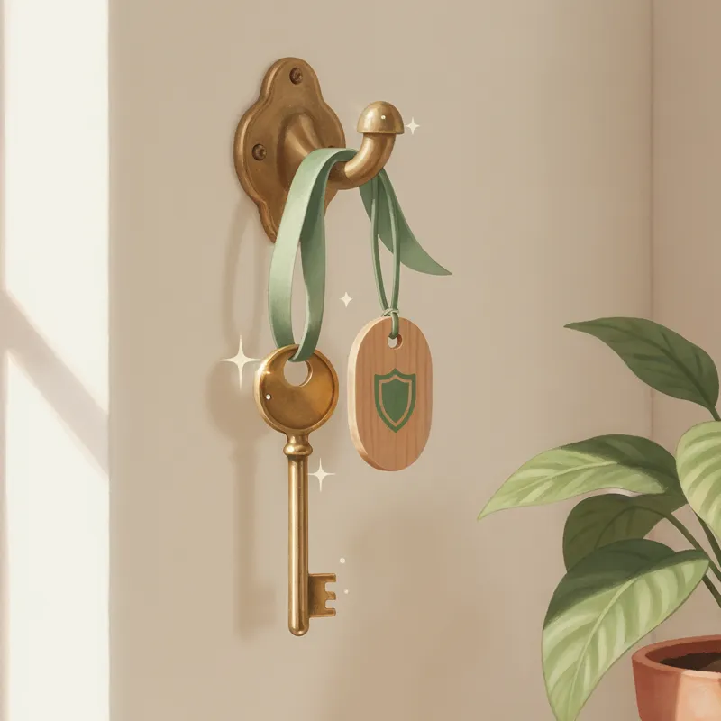 A painted brass key and a wooden tag marked with a green shield hang from a brass hook on a sunlit wall.