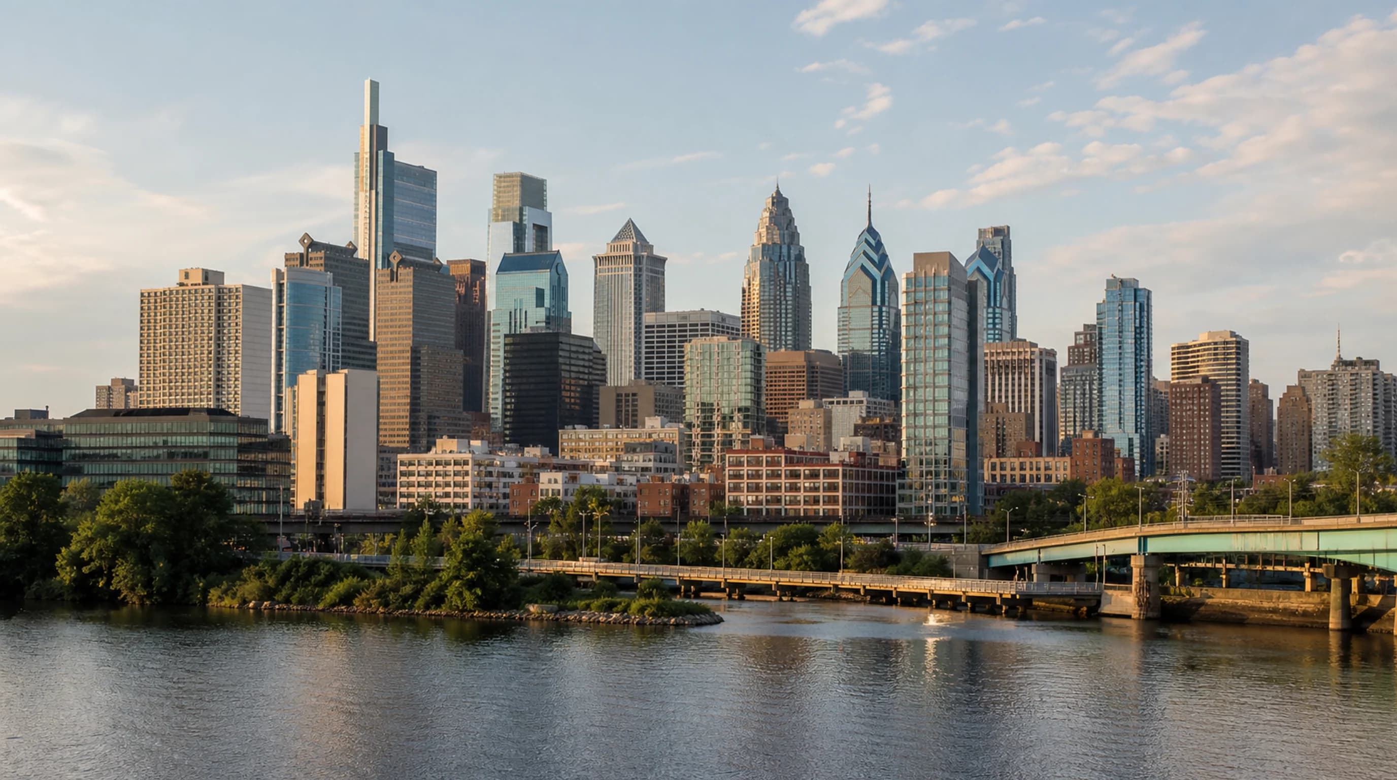 Center City Philadelphia rising beyond the Schuylkill River in calm early-morning light