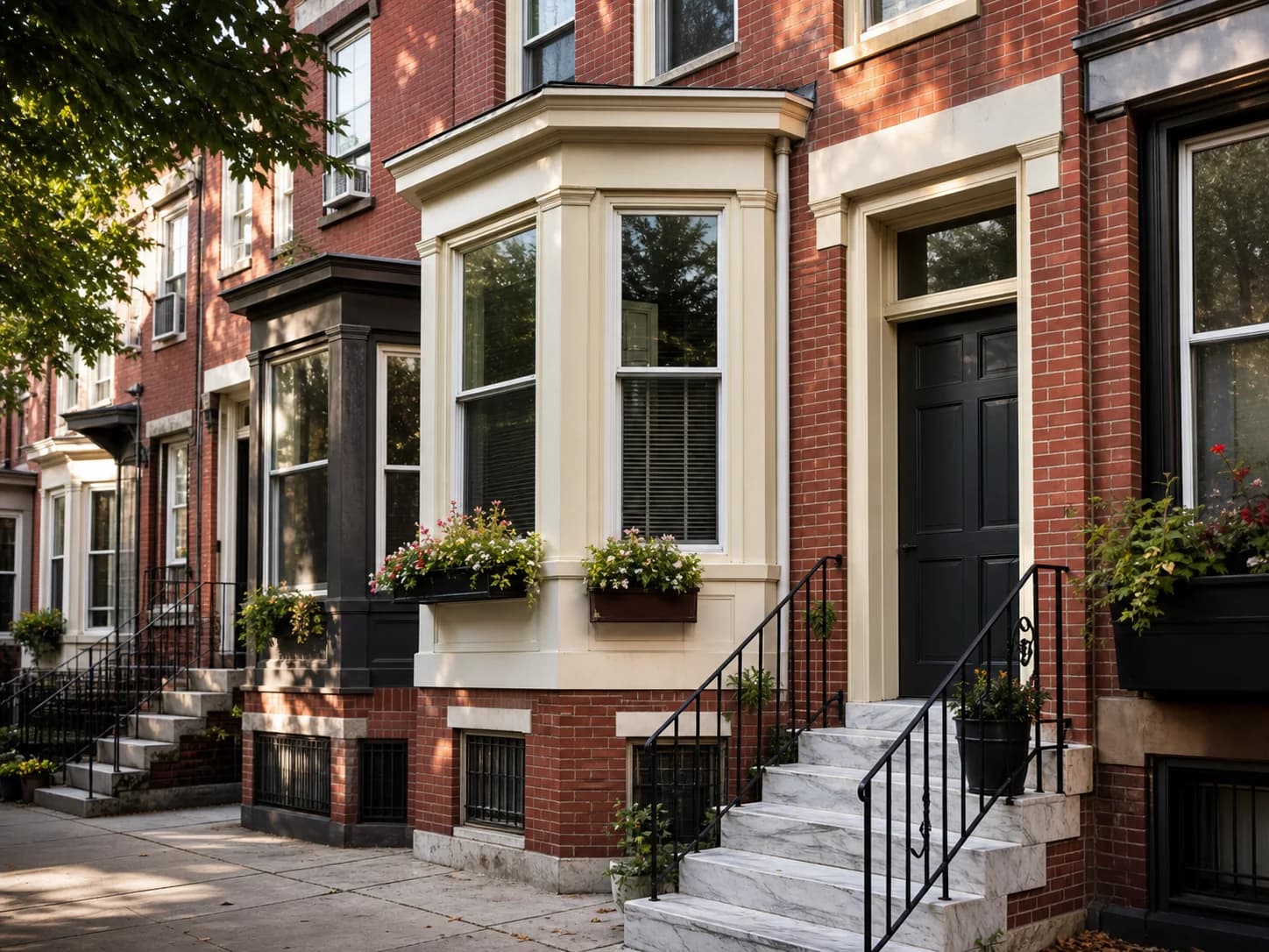 A carefully maintained South Philadelphia brick rowhome with a marble stoop, bay window, and black iron railing in warm afternoon light