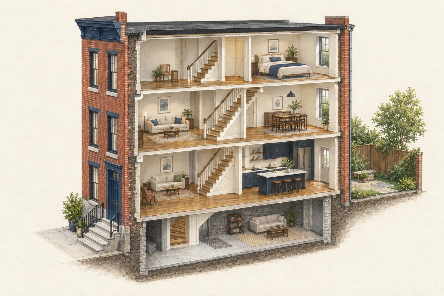 Conceptual painted cutaway of a narrow three-story row home with a basement, brick front, wood floors and a rear downspout.