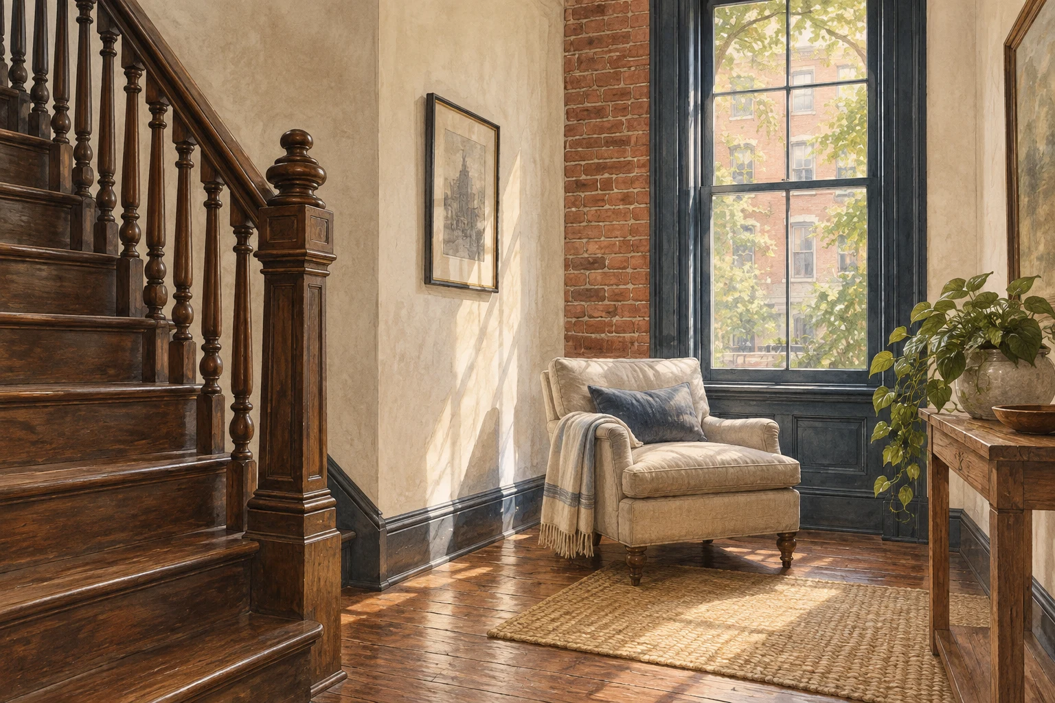 Painted row-home interior with a dark wood staircase, wood flooring, painted trim, plaster and exposed brick.